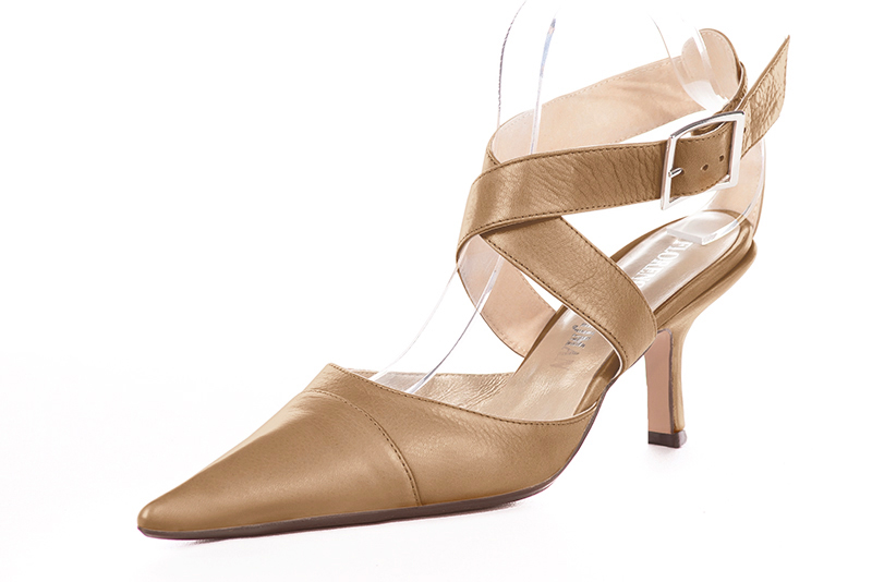 Camel beige women's open back shoes, with crossed straps. Pointed toe. High spool heels. Front view - Florence KOOIJMAN